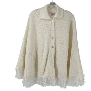 Bradley Vintage Cape Sweater Cream Knit Fringe Womens Bohemian Festival Collared
